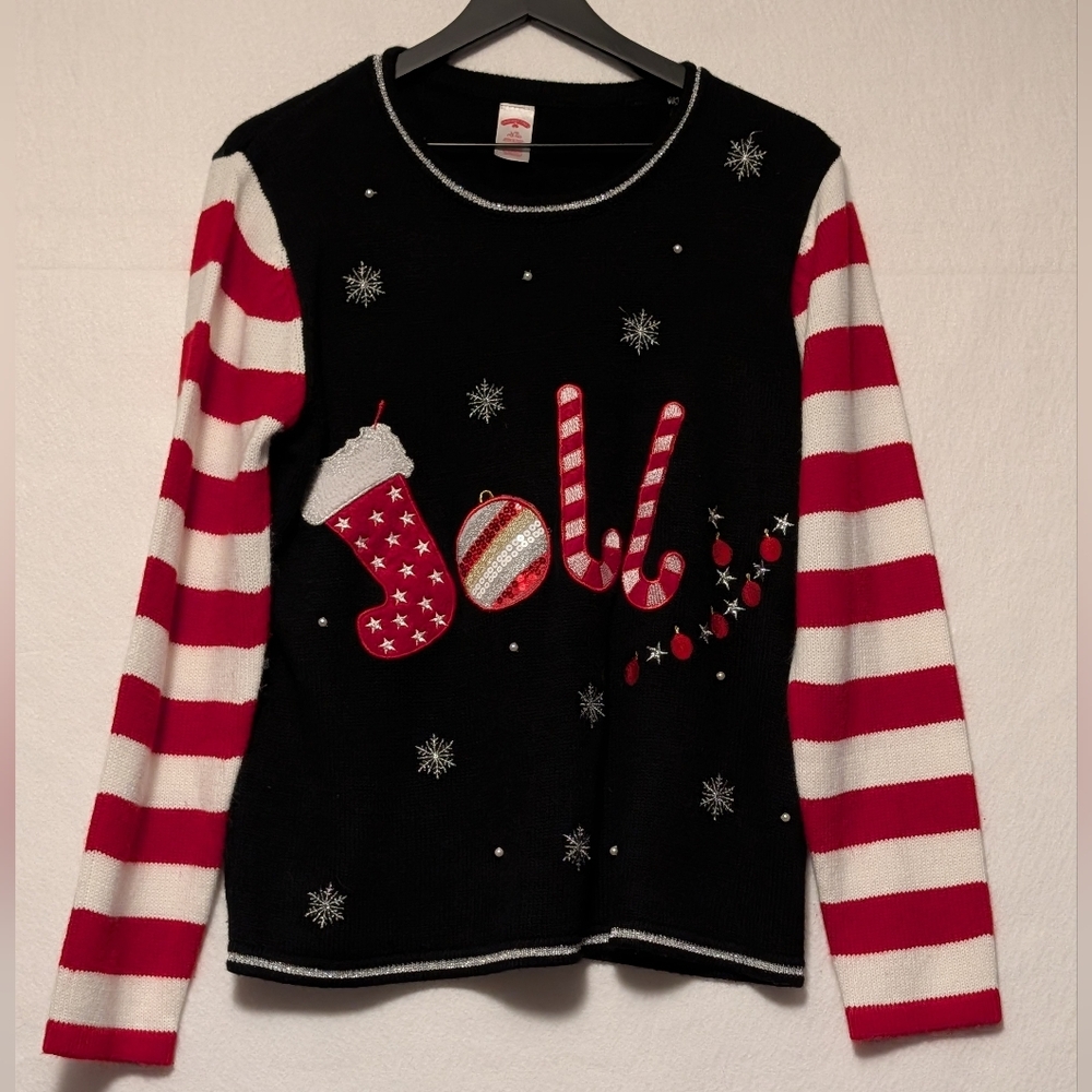 Holiday Time Christmas Festive Striped Holiday Sweater Jolly Large 12/14 Lady's